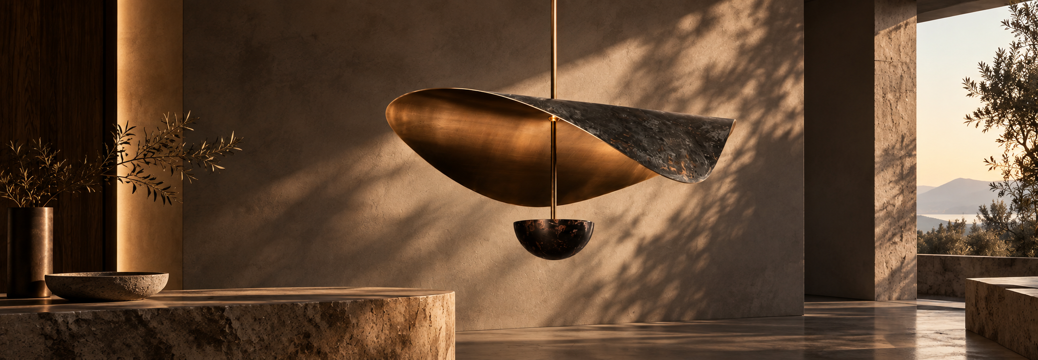 Brass pendant light in dark interior